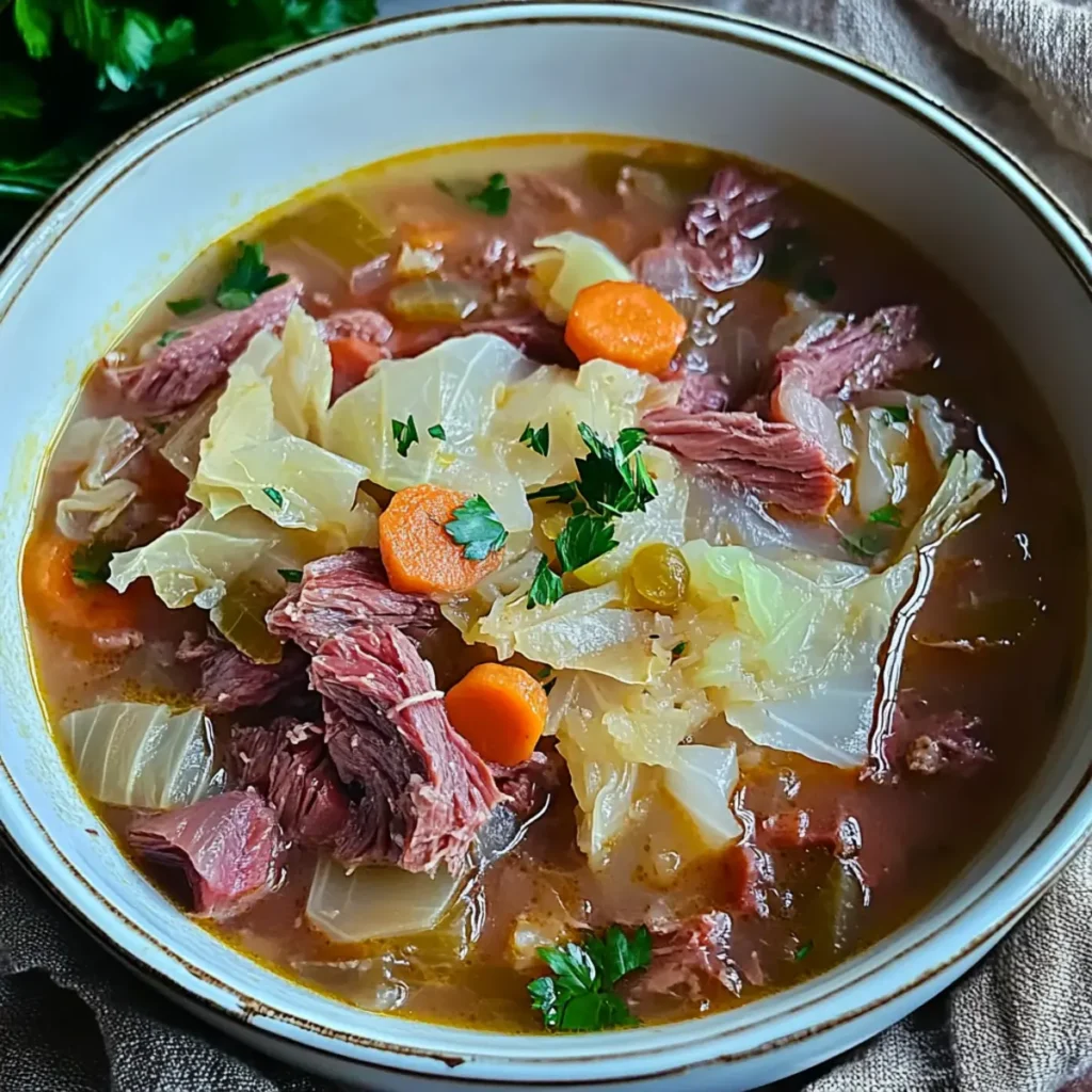 Delicious Slow Cooker Corned Beef & Cabbage Rustic Soup