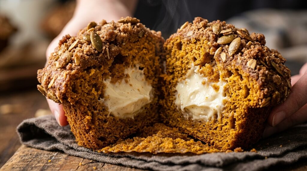 Ultra close-up macro of sliced pumpkin cream cheese muffin with molten center
