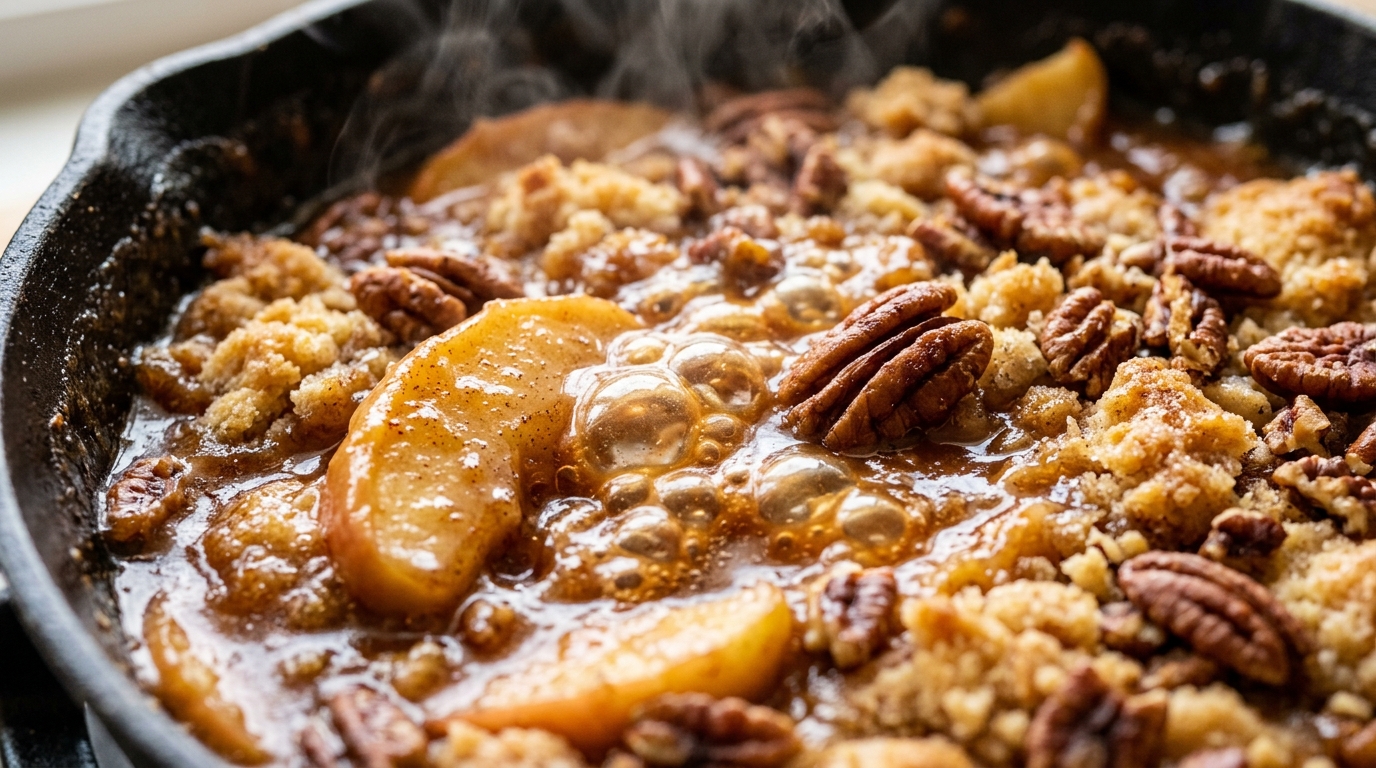 Ultra close-up macro of bubbling caramel apple pecan dump cake in cast iron skillet with toasted pecans