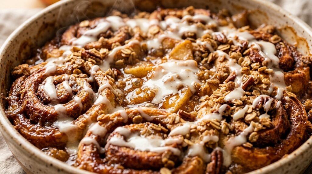 Ultra close-up macro of bubbling cinnamon roll apple crisp with cream cheese glaze