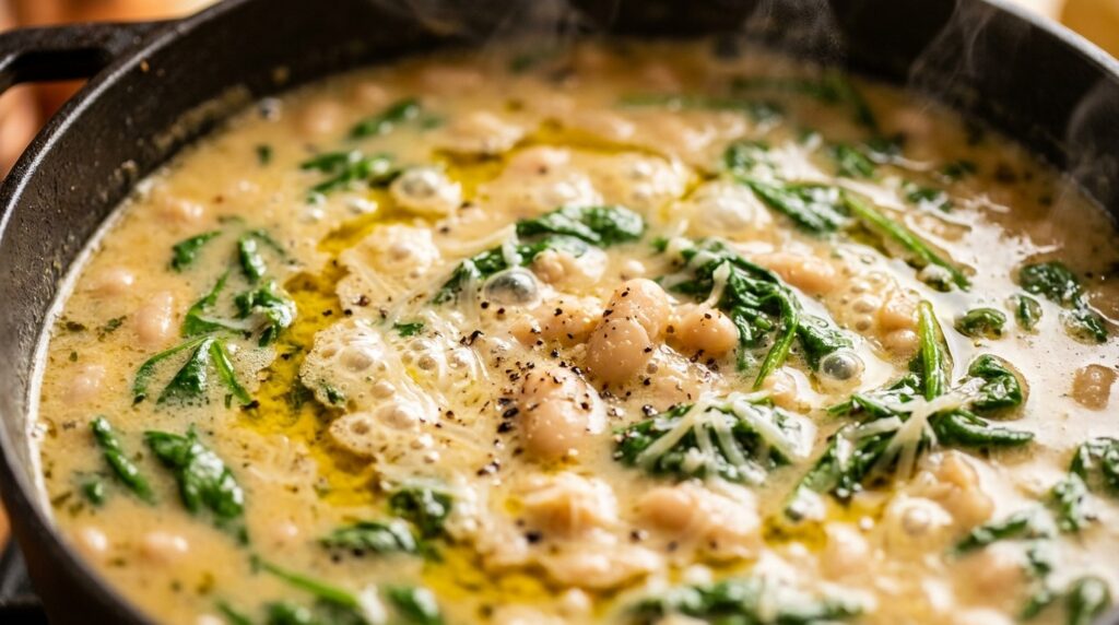 Ultra close-up macro of creamy white bean and spinach soup bubbling in a cast iron Dutch oven
