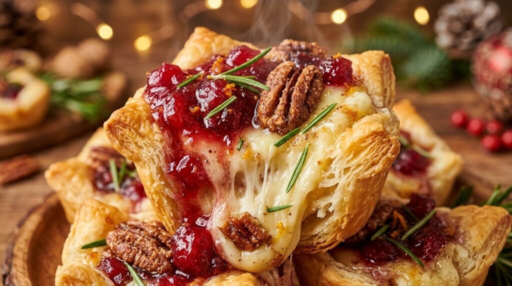 Ultra close-up macro of fresh baked cranberry pecan brie bites with melted cheese pull