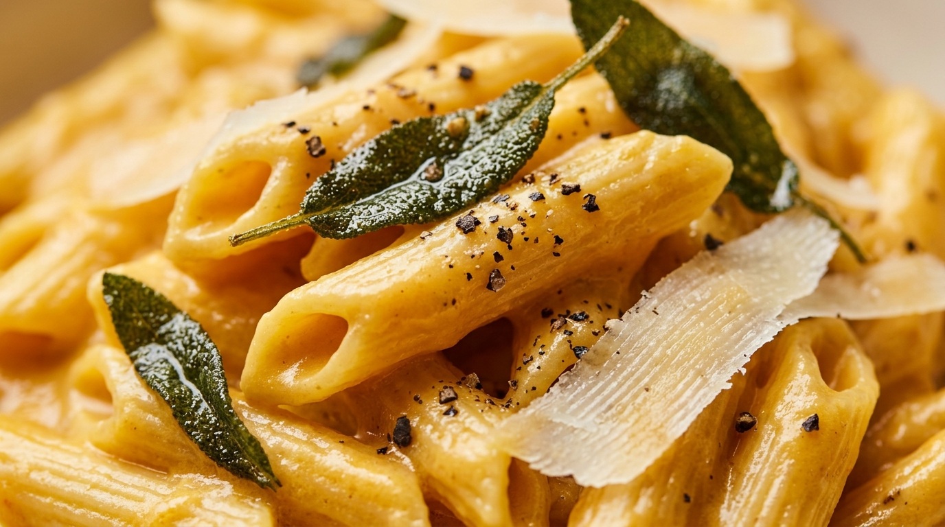 Ultra close-up macro of creamy butternut squash penne pasta with crispy sage and parmesan shavings