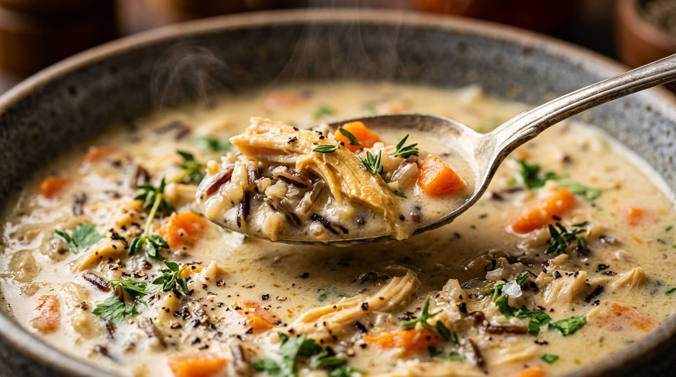Ultra close-up macro of creamy chicken and wild rice soup with spoon lifting shredded chicken and herbs
