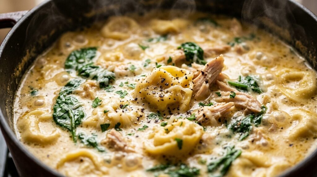 Ultra close-up macro of creamy garlic chicken tortellini soup simmering in a Dutch oven