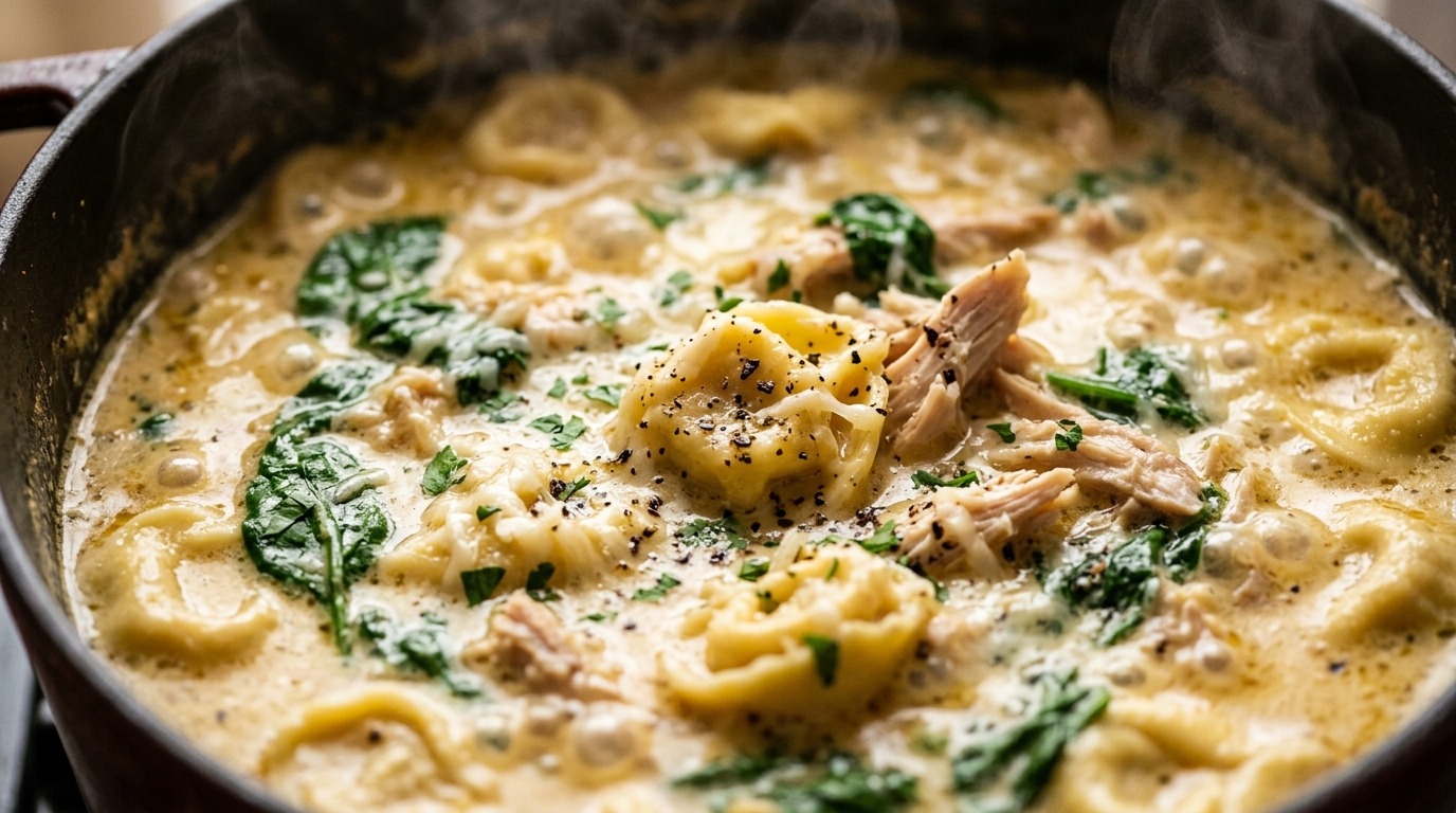 Ultra close-up macro of creamy garlic chicken tortellini soup simmering in a Dutch oven