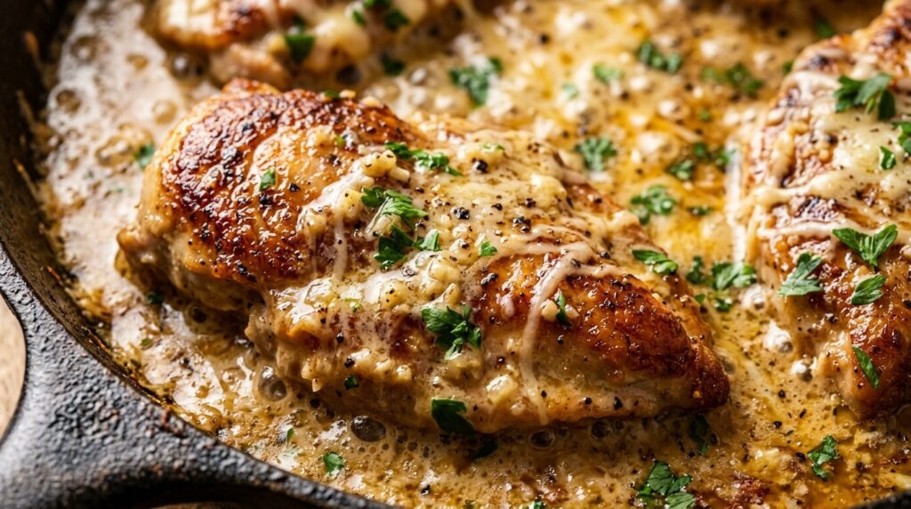 Ultra close-up macro of creamy garlic parmesan chicken cutlets simmering in a cast-iron skillet