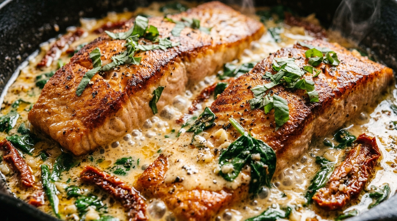 Ultra close-up macro of pan-seared Tuscan garlic salmon bubbling in creamy sun-dried tomato sauce in cast iron skillet
