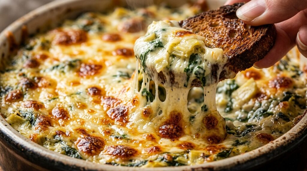 Ultra close-up macro of bubbling warm spinach artichoke dip with cheese pull