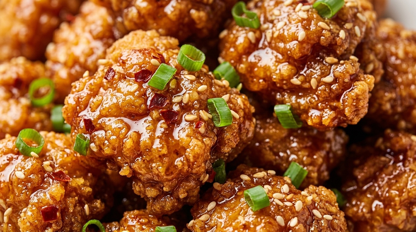 Ultra close-up macro of crispy hot honey chicken bites with glossy spicy honey glaze and sesame seeds