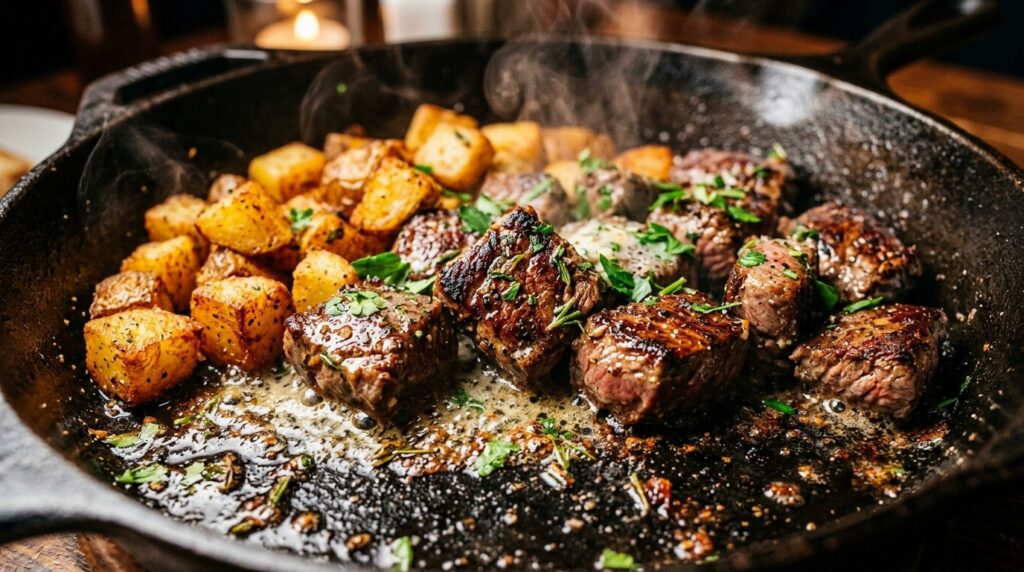 Ultra close-up macro of sizzling garlic butter steak bites and crispy golden potatoes in cast iron skillet