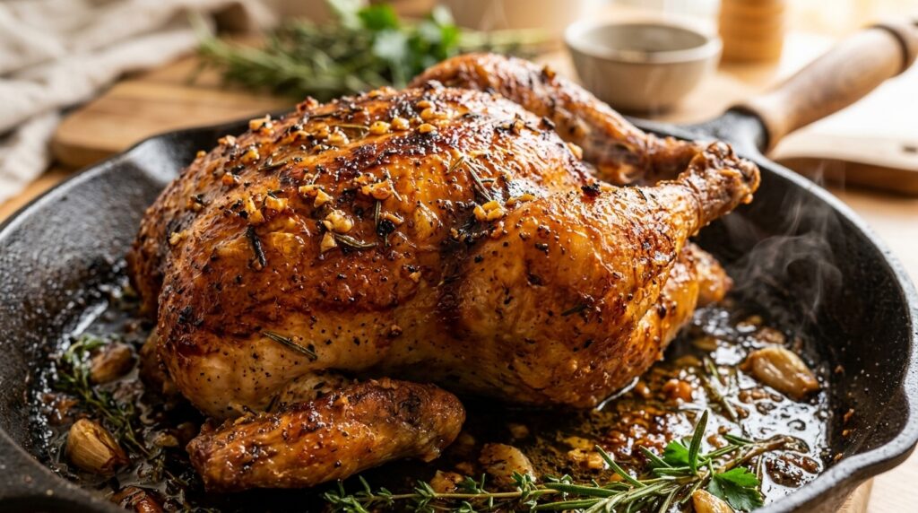 Ultra close-up macro of garlic herb butter roasted whole chicken in cast iron skillet