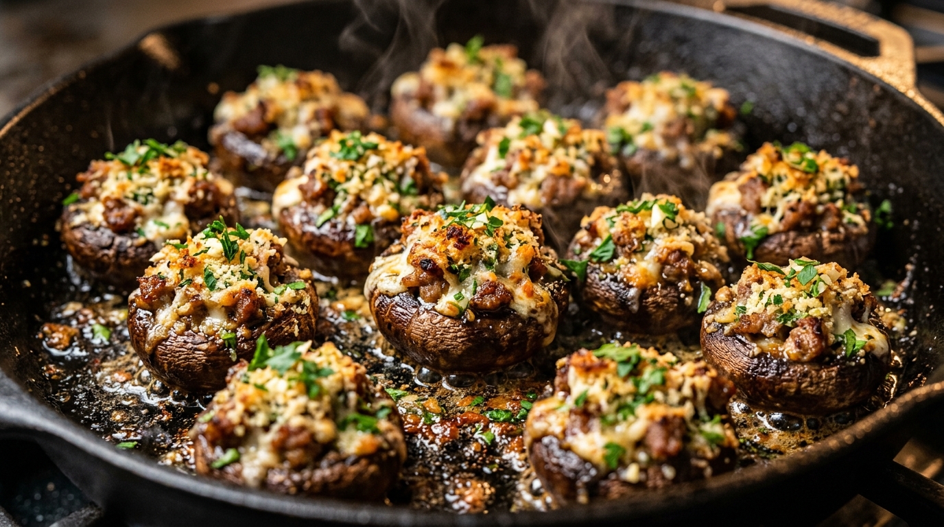 Ultra close-up macro of golden bubbling garlic herb stuffed mushrooms with crispy parmesan crust in cast iron skillet