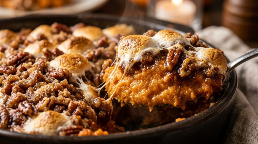 Ultra close-up macro of loaded sweet potato casserole with crunchy candied pecan streusel and toasted marshmallows