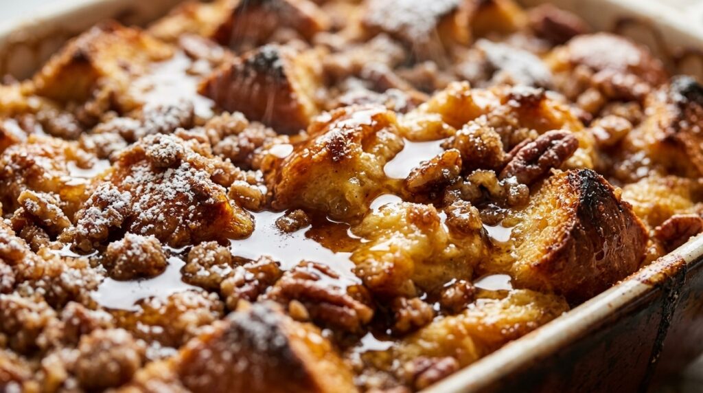 Ultra close-up macro of overnight baked french toast casserole with maple syrup drizzle