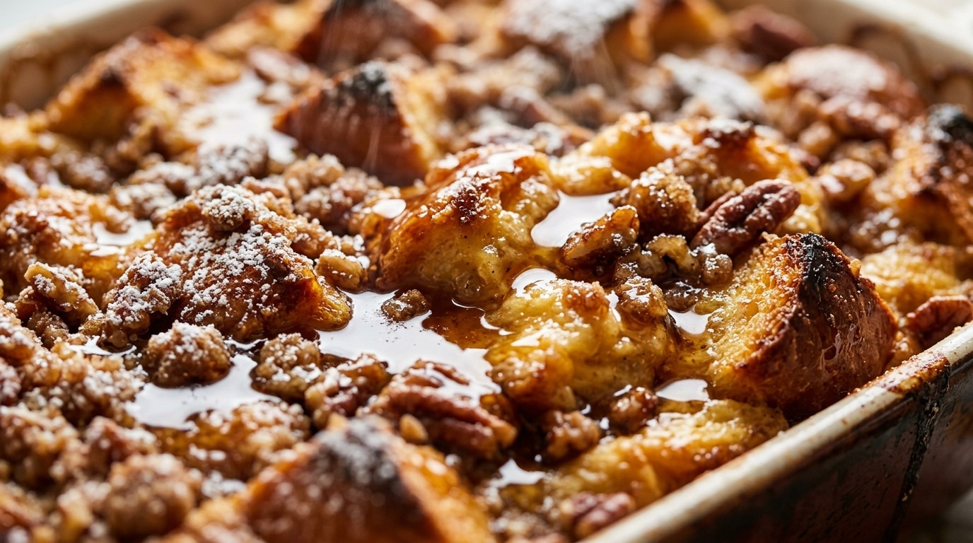 Ultra close-up macro of overnight baked french toast casserole with maple syrup drizzle