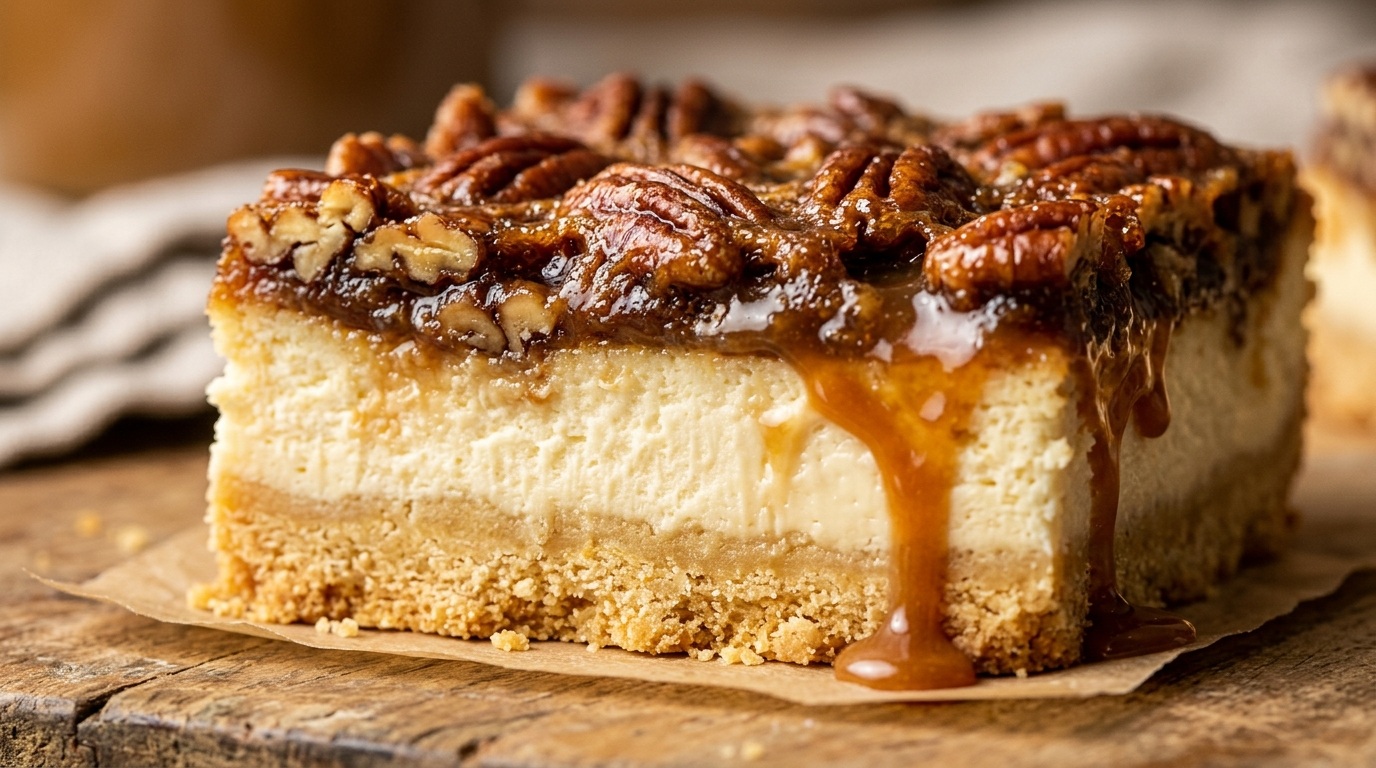 Ultra close-up macro of a sliced pecan pie cheesecake bar with three distinct layers and dripping caramel