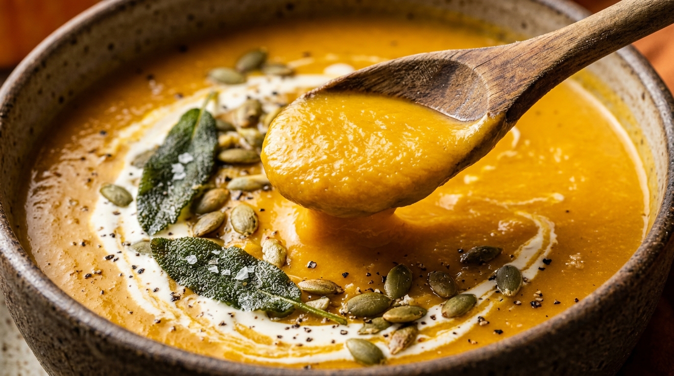 Ultra close-up macro of velvety roasted butternut squash soup with spoon, crispy sage, and toasted pepitas