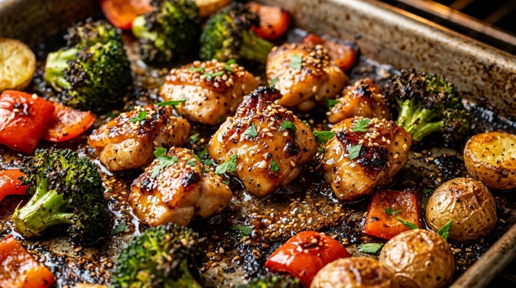 Ultra close-up macro of sheet pan honey garlic chicken with roasted broccoli and potatoes