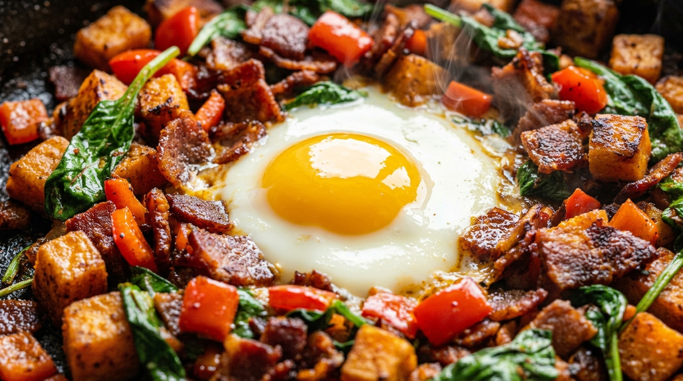 Ultra close-up macro of sizzling loaded sweet potato breakfast hash in cast iron skillet with runny sunny-side-up egg