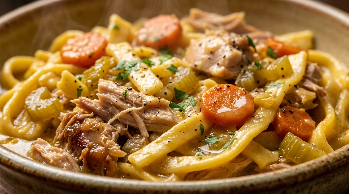 Ultra close-up macro of steaming homestyle Amish chicken and noodles with thick egg noodles, shredded chicken, and golden gravy