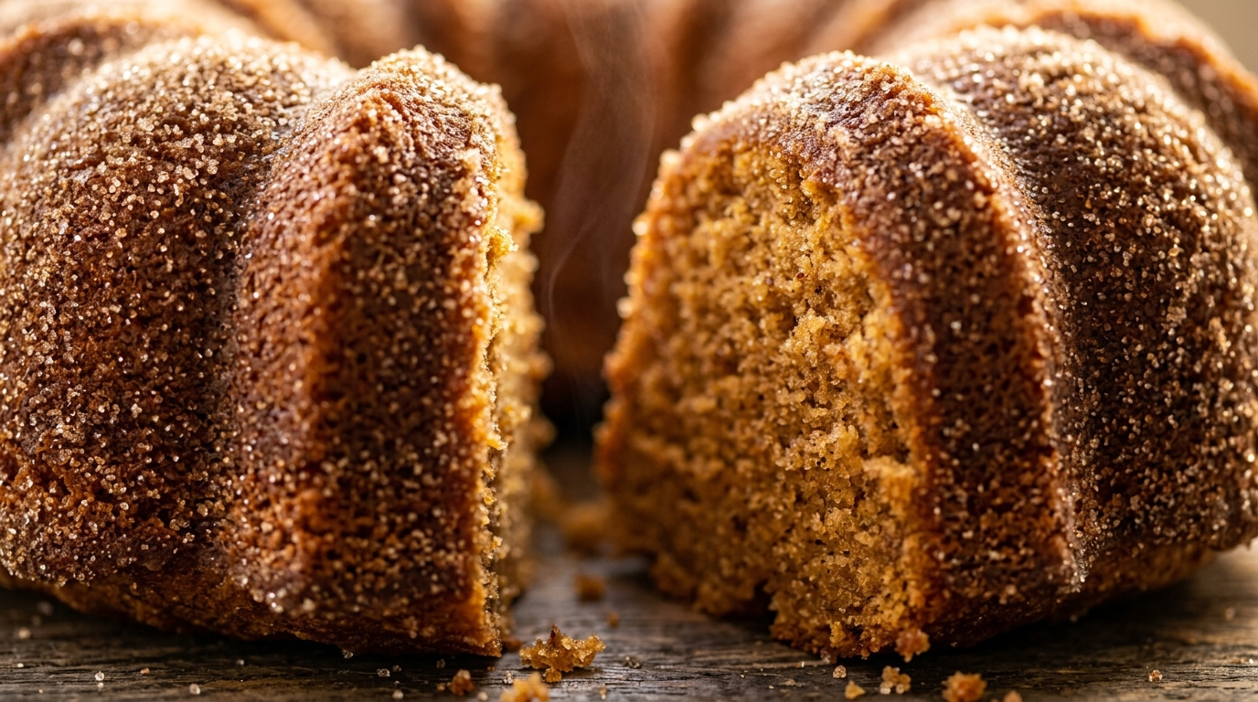 Ultra close-up macro of Cinnamon Sugar Apple Cider Donut Cake with sparkling cinnamon sugar crust