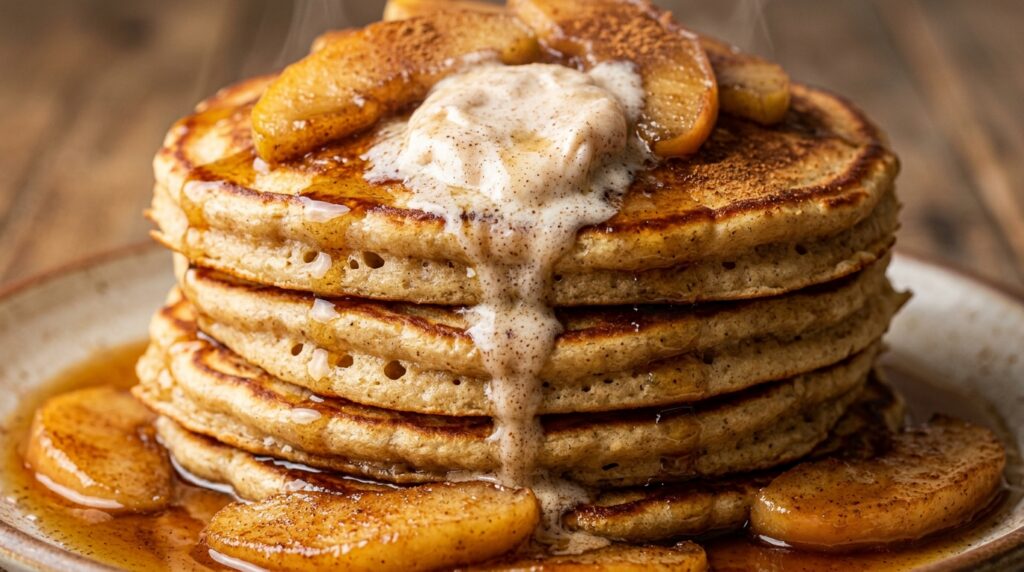 Ultra close-up macro of towering stack of fluffy golden Apple Cider Pancakes with melting cinnamon butter and dripping maple syrup