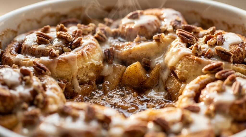 Ultra close-up macro view of golden baked apple cinnamon roll casserole dripping with warm cream cheese glaze