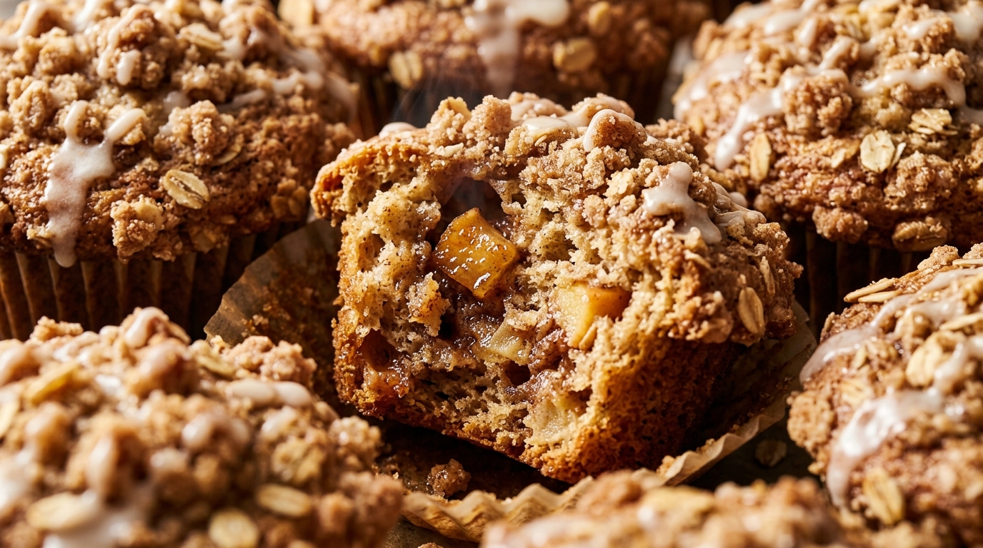 Ultra close-up macro of bakery-style apple cinnamon muffins with crunchy oat streusel and tender diced apple crumb