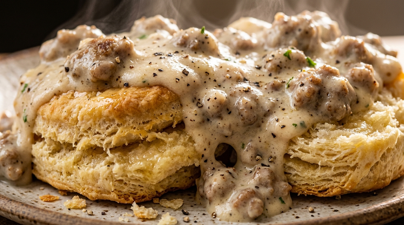 Ultra close-up macro homemade flaky buttermilk biscuit split open smothered in velvety country black pepper sausage gravy