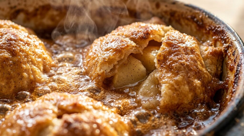 Ultra close-up macro view of golden baked caramel apple dumplings bubbling in spiced amber syrup