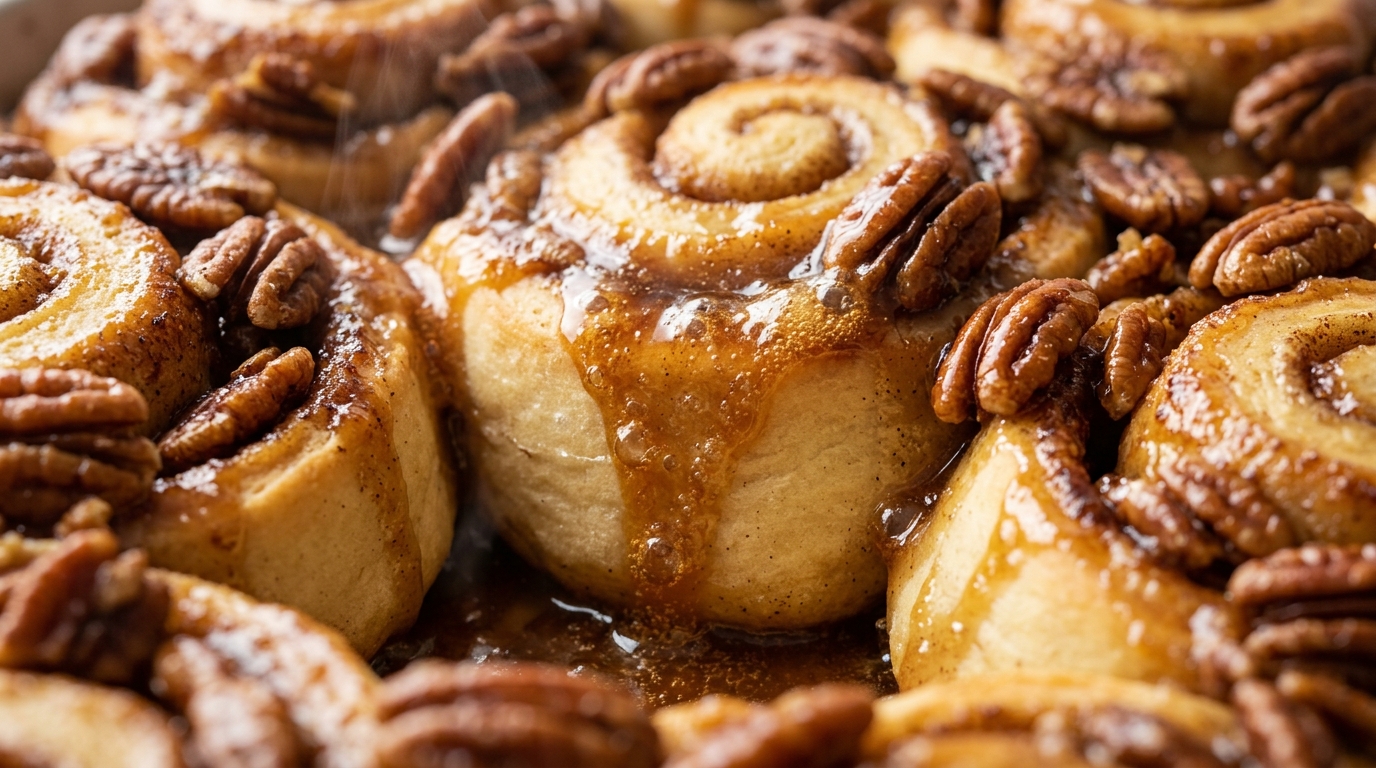 Ultra close-up macro gooey warm caramel pecan sticky buns coated in bubbling honey brown sugar glaze and toasted pecans