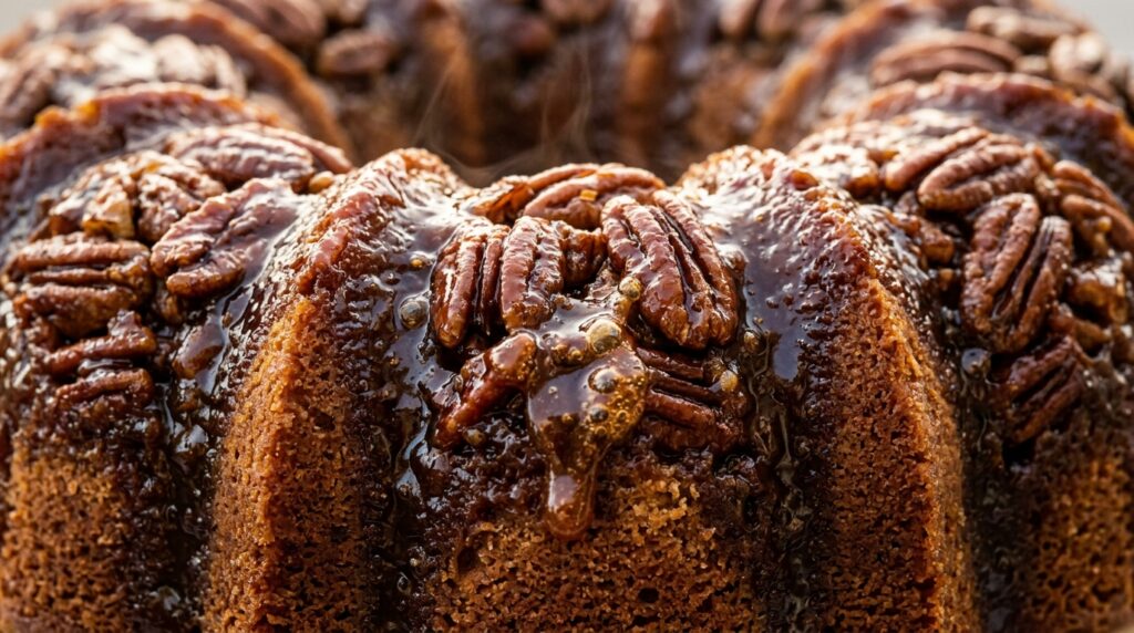 Ultra close-up macro of warm Caramel Pecan Upside-Down Bundt Cake with sticky brown sugar caramel cascading over toasted pecans