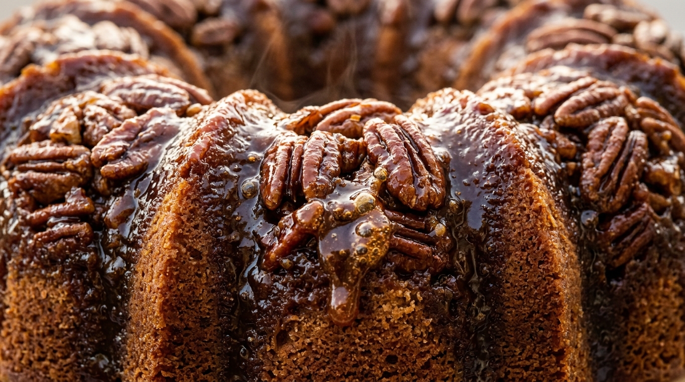 Ultra close-up macro of warm Caramel Pecan Upside-Down Bundt Cake with sticky brown sugar caramel cascading over toasted pecans