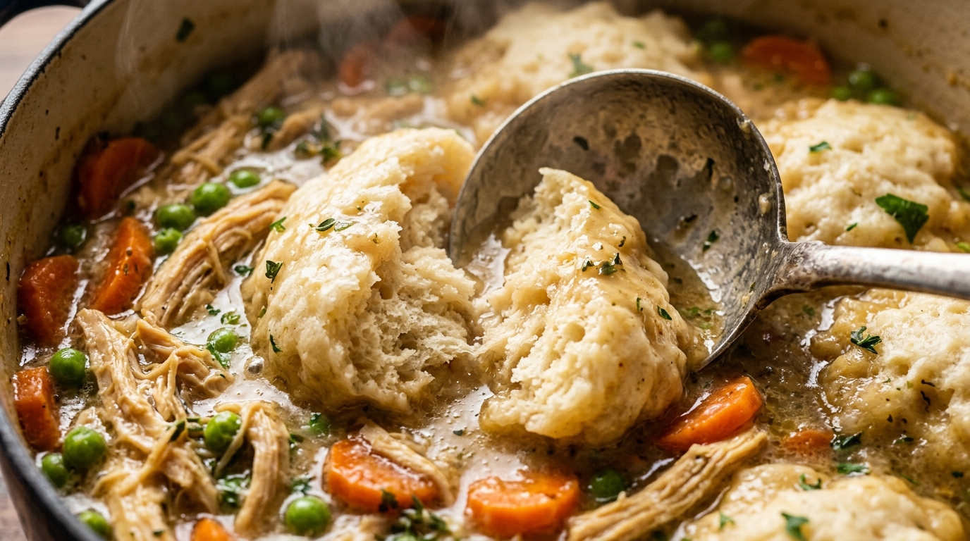 Ultra close-up macro steaming chicken and dumplings in Dutch oven with tender shredded chicken, sweet carrots, and colossal fluffy buttermilk drop dumplings