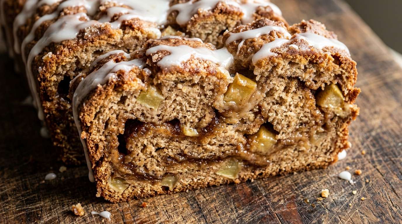 Ultra close-up macro of warm sliced cinnamon swirl apple fritter bread with caramelized apples and cascading vanilla glaze