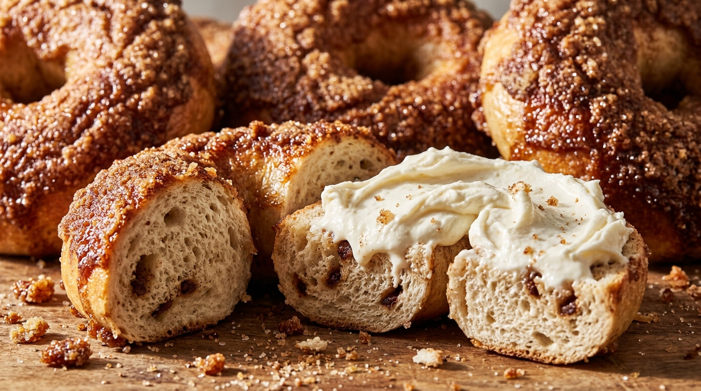 Ultra close-up macro golden chewy homemade cinnamon crunch bagels with thick cracked caramelized sugar crust and melting cream cheese