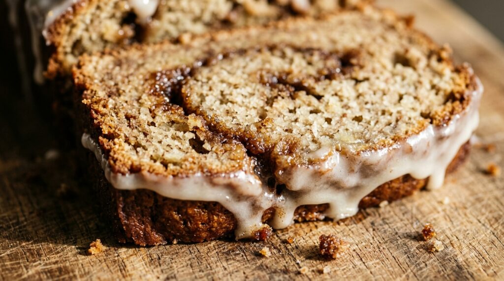 Ultra close-up macro view of thick-cut slice of cinnamon roll banana bread revealing molten cinnamon swirl and glossy vanilla glaze