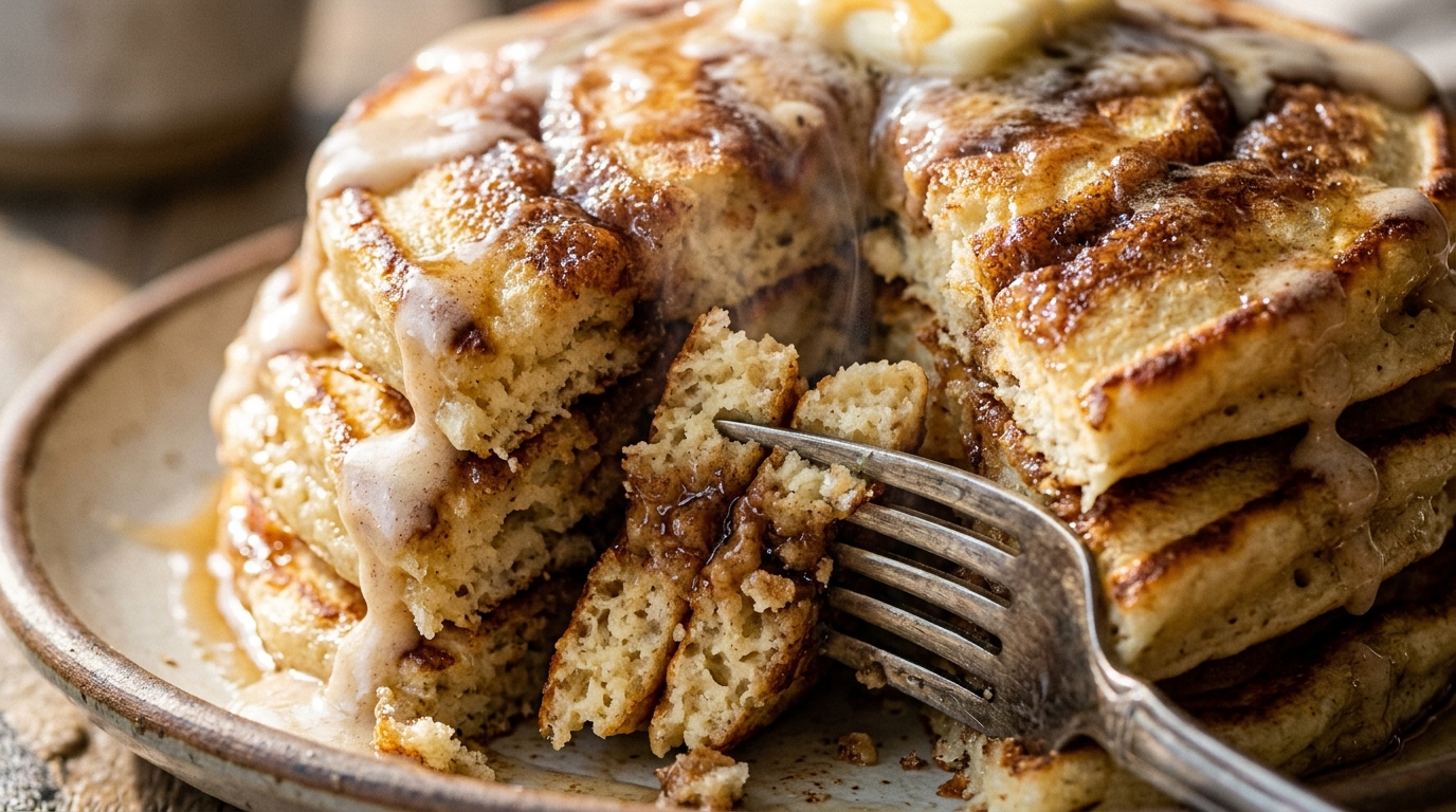 Ultra close-up macro golden fluffy buttermilk cinnamon roll pancakes with caramelized brown sugar swirl and melting cream cheese glaze