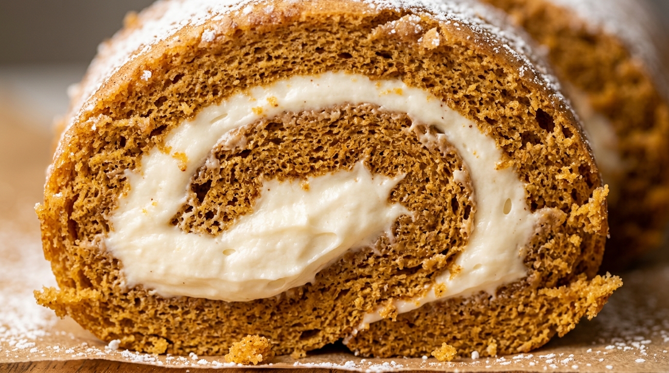 Ultra close-up macro of classic spiced pumpkin roll slice with smooth cream cheese swirl and powdered sugar dusting