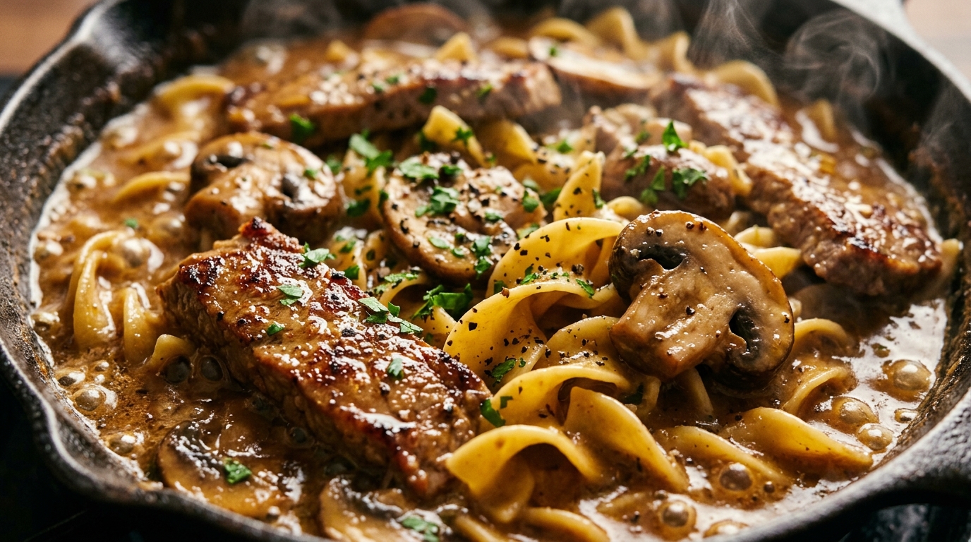 Ultra close-up macro view of classic creamy beef stroganoff sizzling in cast iron skillet with tender seared steak, cremini mushrooms, and egg noodles