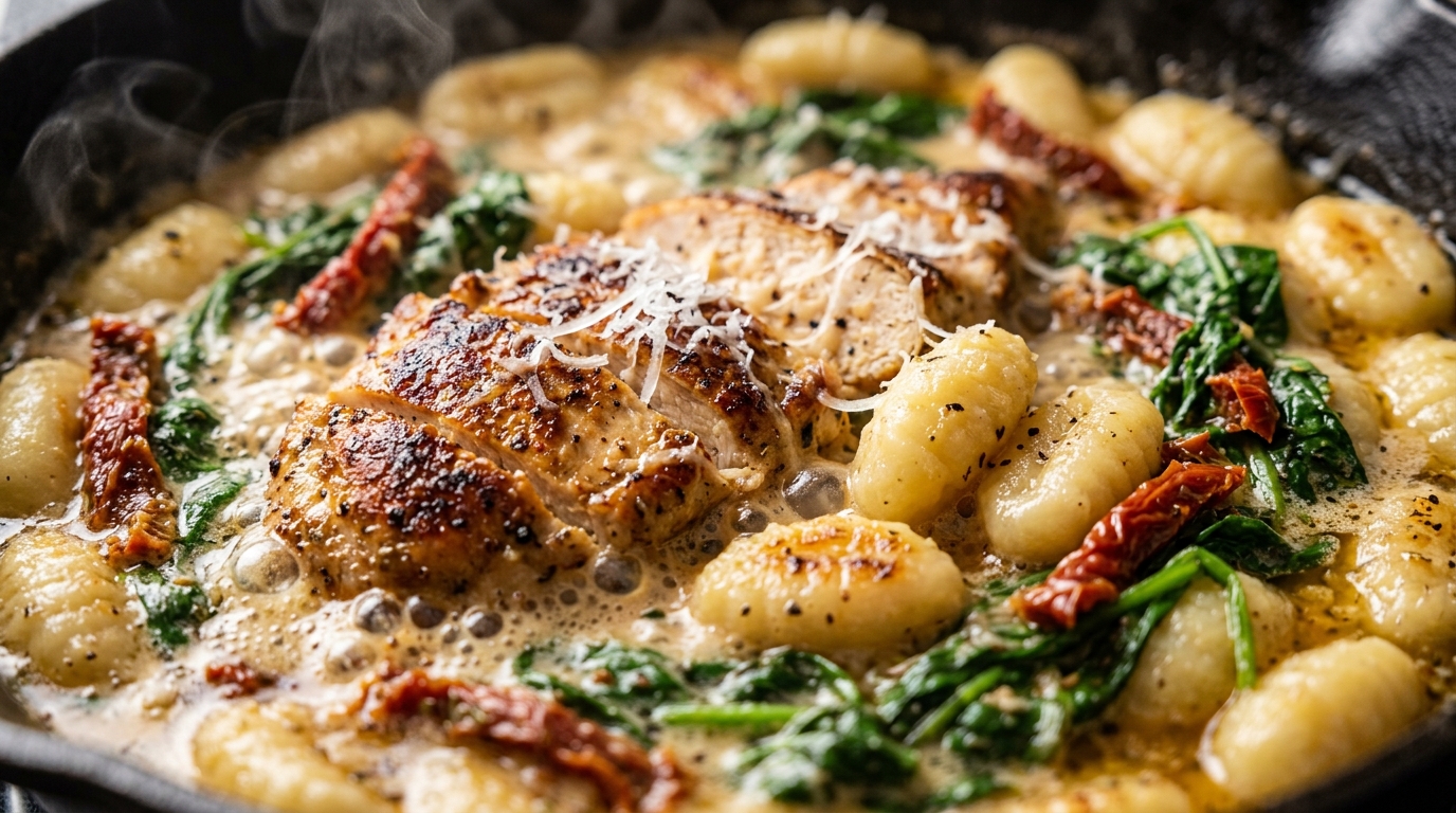 Ultra close-up macro of bubbling Creamy Tuscan Garlic Chicken and Gnocchi Skillet
