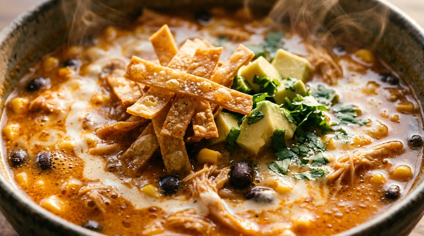 Ultra close-up macro view of creamy chicken tortilla soup with crispy golden tortilla strips and melted cheese