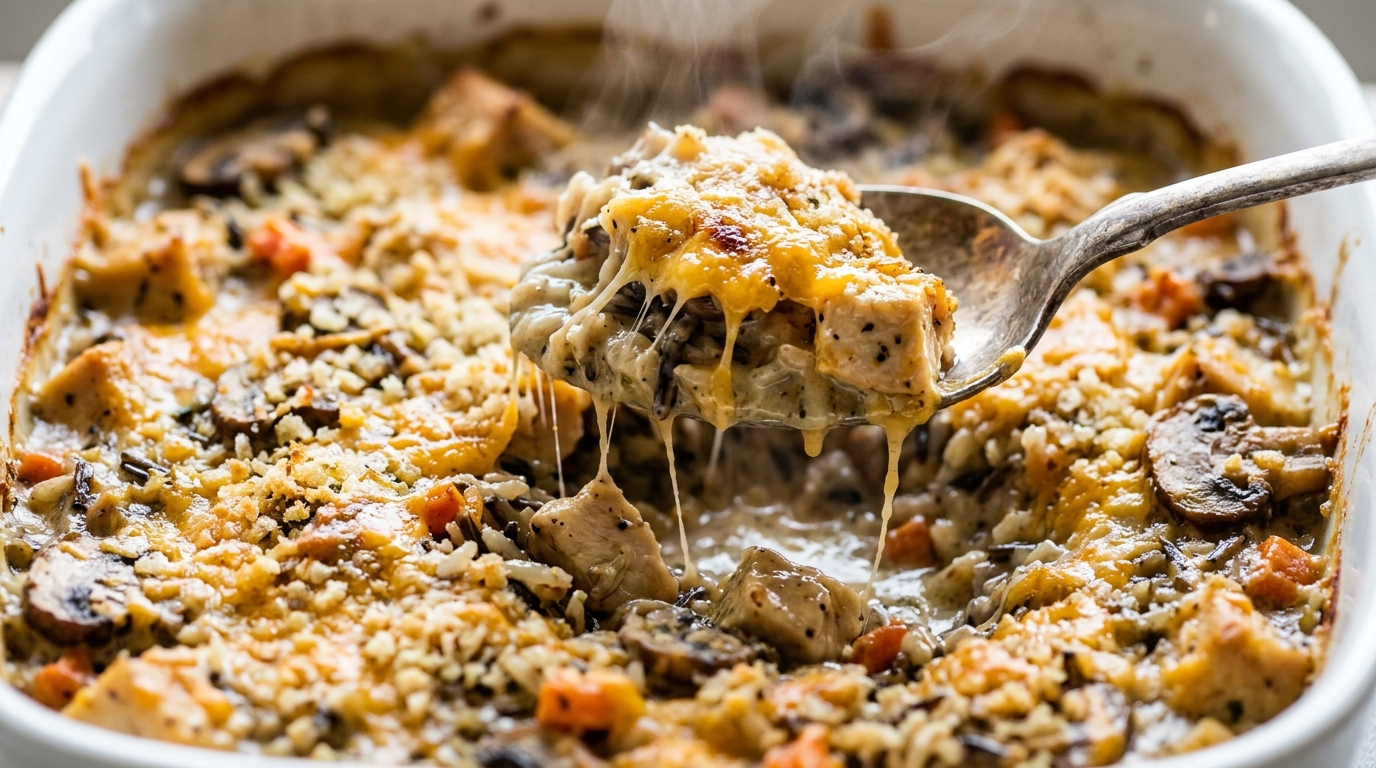 Ultra close-up macro steaming chicken and wild rice casserole in baking dish with golden crispy panko crust, bubbly cheddar, and rich creamy mushroom sauce