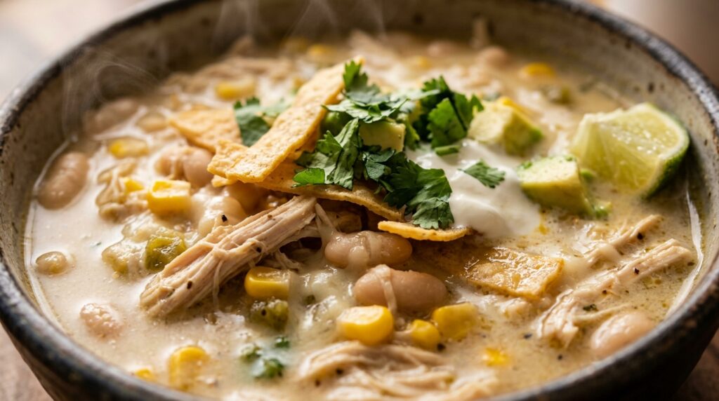 Ultra close-up macro view of creamy crockpot white chicken chili loaded with shredded chicken, white beans, and fresh avocado with crispy tortilla strips