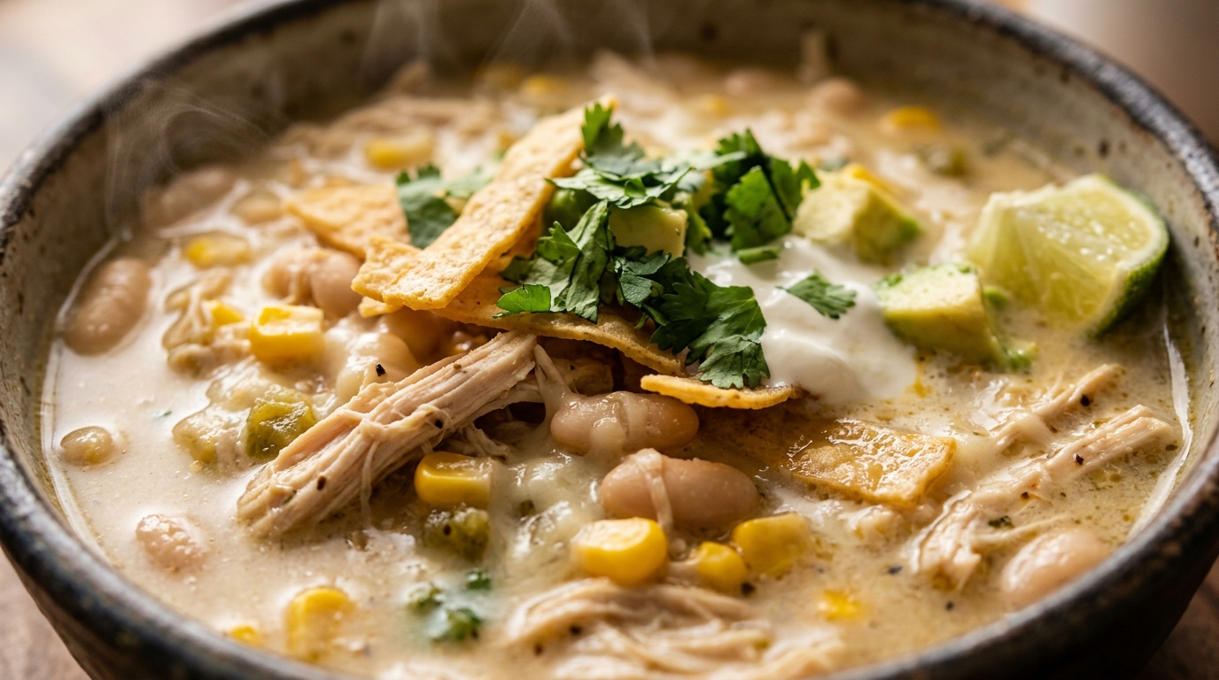 Ultra close-up macro view of creamy crockpot white chicken chili loaded with shredded chicken, white beans, and fresh avocado with crispy tortilla strips
