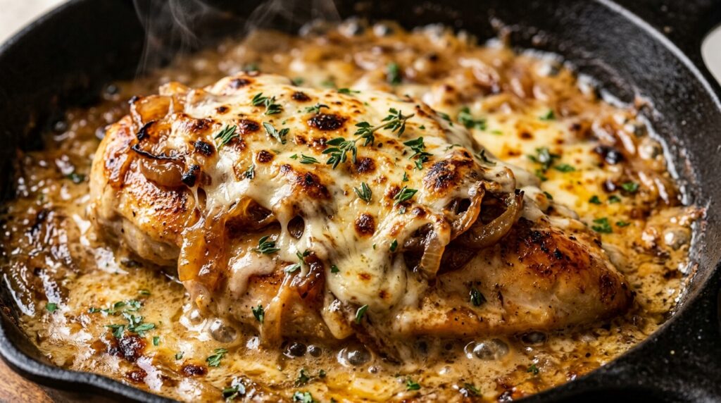 Ultra close-up macro of Creamy French Onion Chicken Skillet with deeply caramelized onions, bubbling cream sauce, and broiled blistered Gruyere cheese