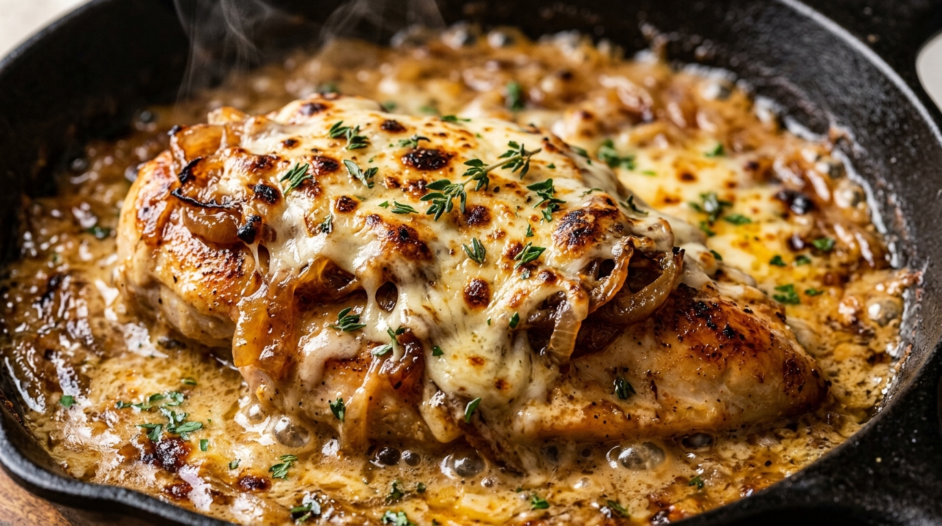 Ultra close-up macro of Creamy French Onion Chicken Skillet with deeply caramelized onions, bubbling cream sauce, and broiled blistered Gruyere cheese
