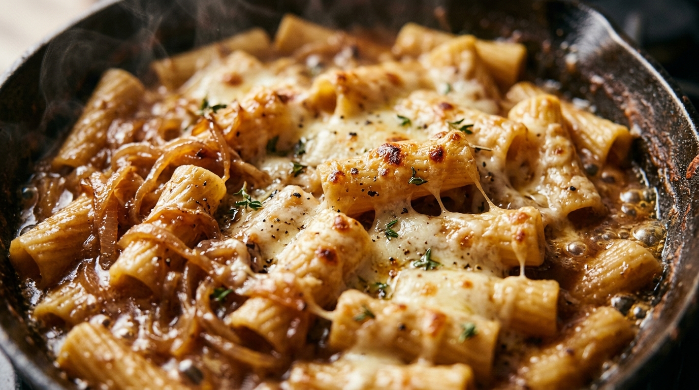 Ultra close-up macro of One-Pot Creamy French Onion Pasta bubbling with melted Gruyere cheese and al dente rigatoni in cast iron skillet