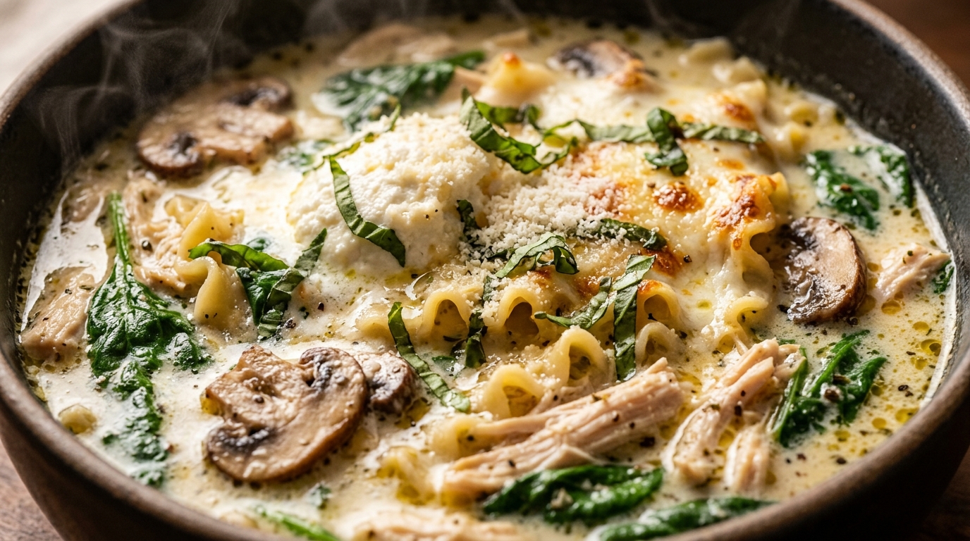 Ultra close-up macro steaming bowl of creamy white chicken lasagna soup with broken ruffled noodles tender chicken and melted cheeses